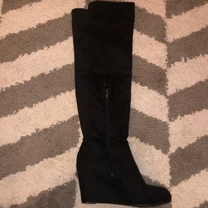 Black suede wedge heel boots